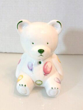 Vintage Bone China Teddy Bear Bank White With Balloons Made In England
